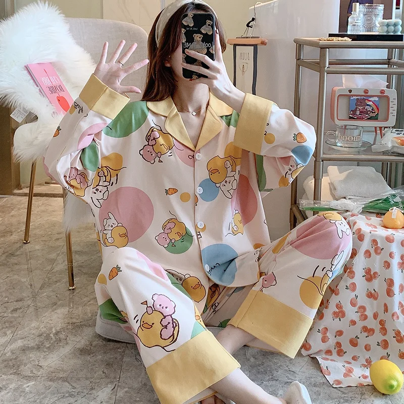 

Пижама женская в Корейском стиле, Свободный кардиган с длинным рукавом, Повседневная Домашняя одежда на весну и осень