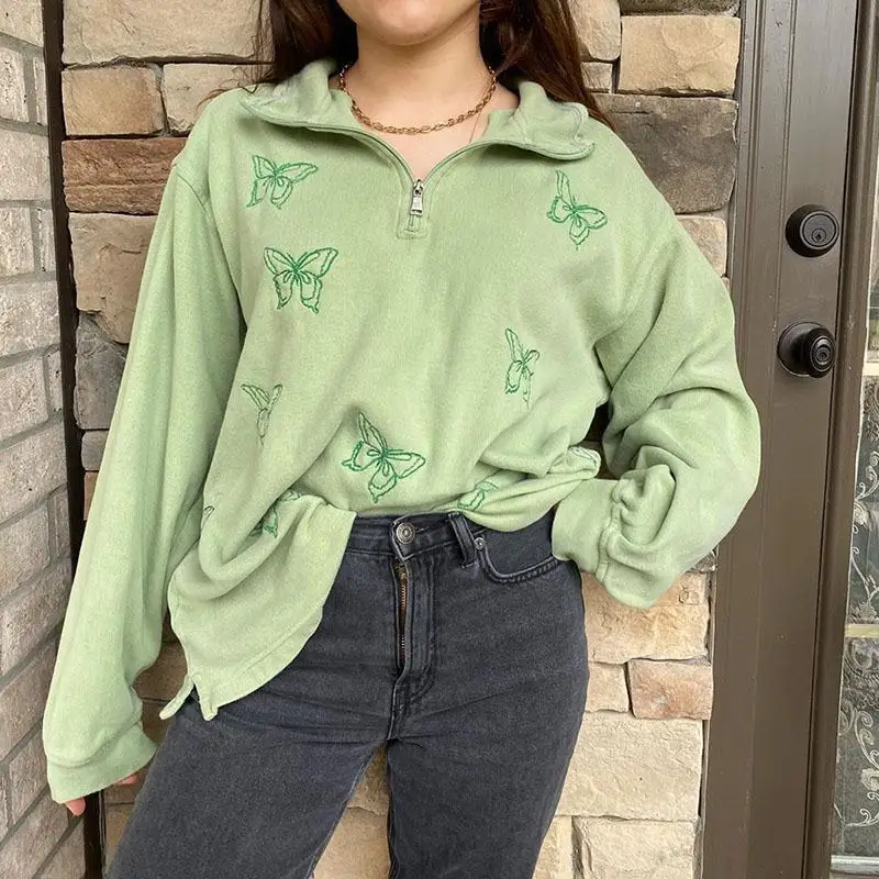 

2021 spring new Korean loose design zip up hoodie short drawstring butterfly embroidery long-sleeved sweatshirt blouse women