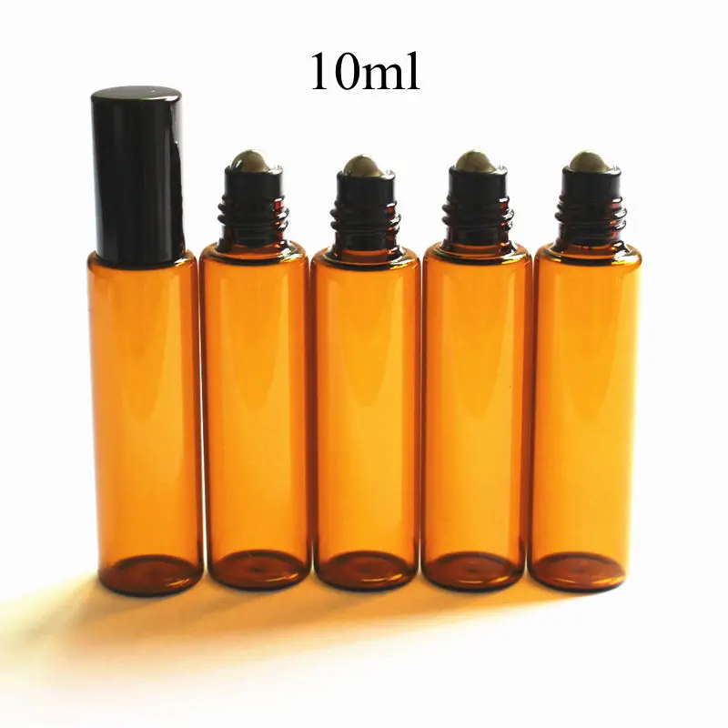

50pcs/lot 10ml Glass Roller Bottle Brown Roll On Bottle Sample Vials With Stainless Steel Ball And Aluminum Gold Silver Cap