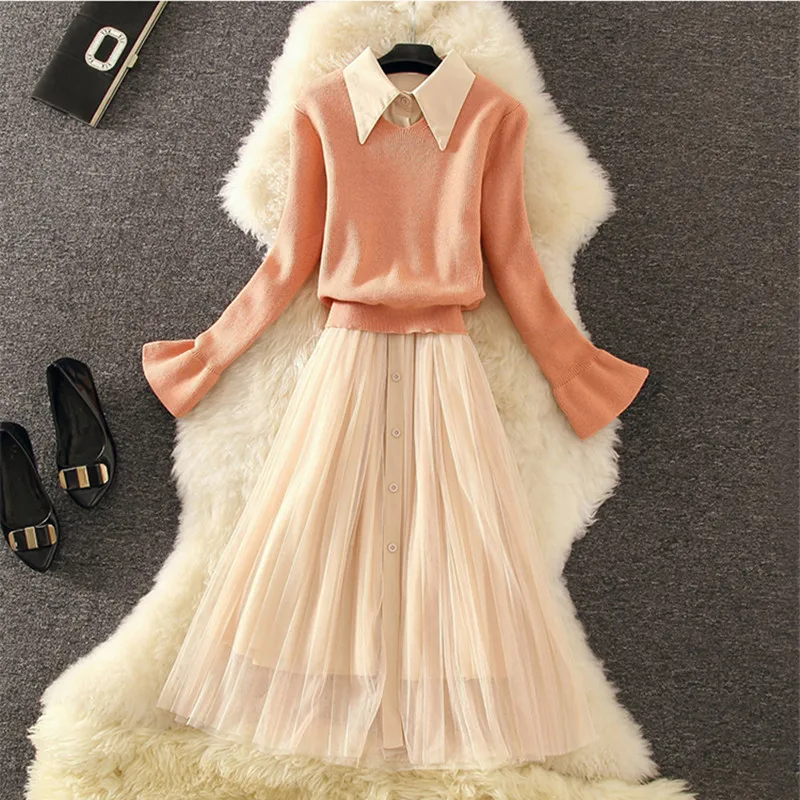 Осенне зимнее платье Женский комплект 2 шт. 2019 элегантный кружевной длинный рукав