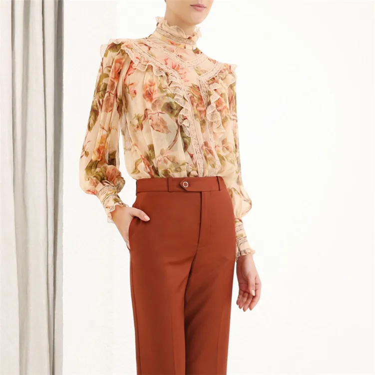 

Vintage Wine Red Women Blouse 2019 Fall Stand Collar Lace Ruffles Chiffon Blouse See Through Long Lantern Sleeve Sheer Top Shirt