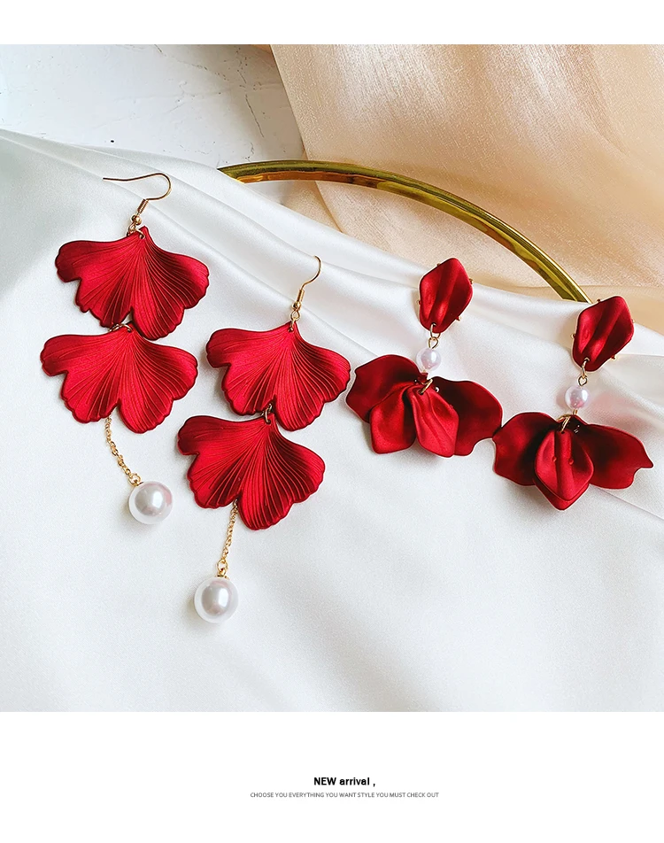 Aretes de mujer, современный стиль, дизайн, большие красные лепестки роз, серьги с кисточками, тренд, темперамент, летние корейские серьги для женщин