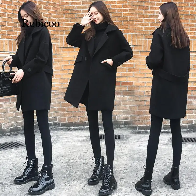 

Women Wool Coat Autumn Winter Casual Black Cotton-padded Outwear Jacket Long Woolen Blend Coat Femme Casaco Feminino