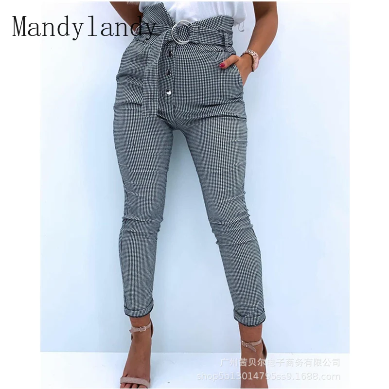 

Mandylandy женские элегантные клетчатые обтягивающие брюки, женские повседневные Модные обтягивающие брюки с высокой талией и пуговицами