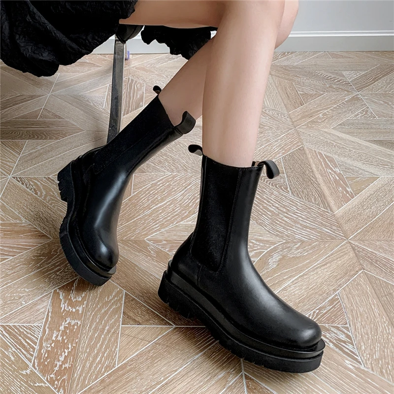 

COVIBESCO Women Mid-Calf Boots Fashion Retro Genuine Leather Platforms Autumn Winter Warm 2020 Casual Shoes Woman Chelsea Boots