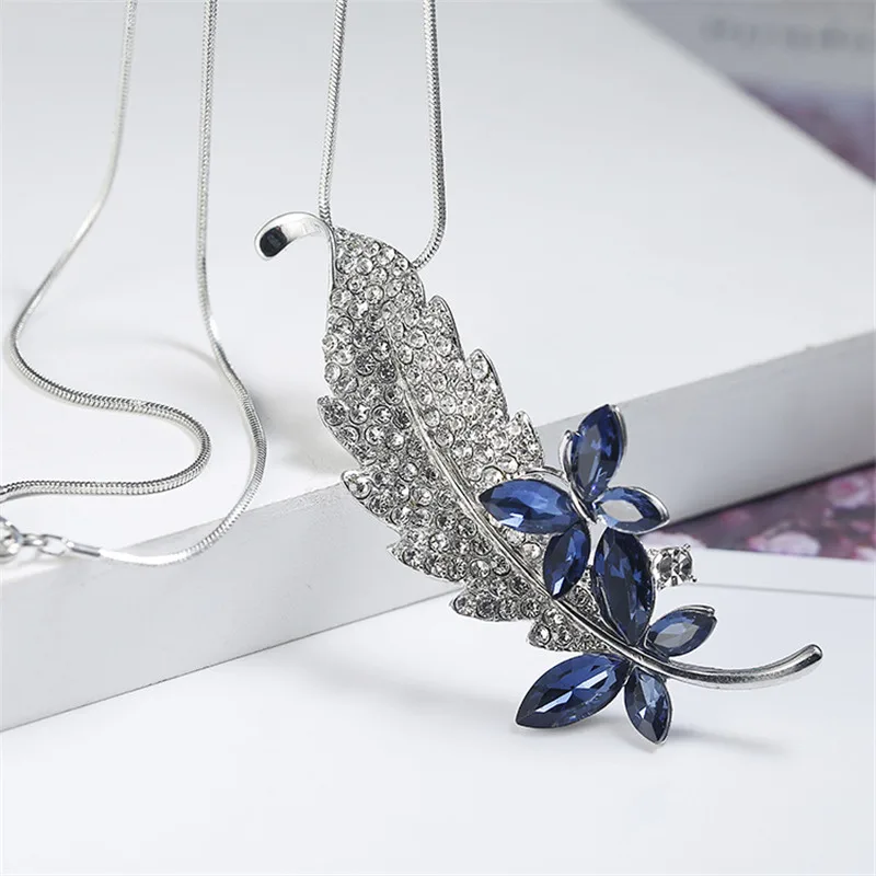 Длина 75 см свитер цепь светло серый Синий Кристалл Многослойная бабочка кулон