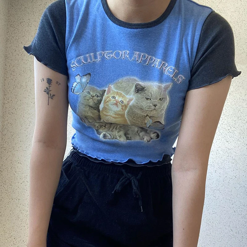 

O-Neck Short Sleeve Cartoon Print Cropped Tee Women Cotton Slim Elastic Patchwork Color Ruffles Hem Fashion Casual Top