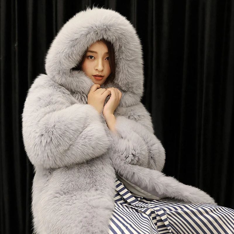 Women Real Fox Fur Coat With Hood Winter Thick Warm Luxury Fur Overcoats 2022 New Luxury Genuine Whole Skin Fox Fur Coat Natural