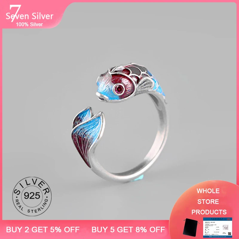 

Bijoux (украшения своими руками) 925 stelring серебряные кольца с рыбками для женщин рождественские подарки Регулируемый Открытое кольцо Дамы Boho юв...