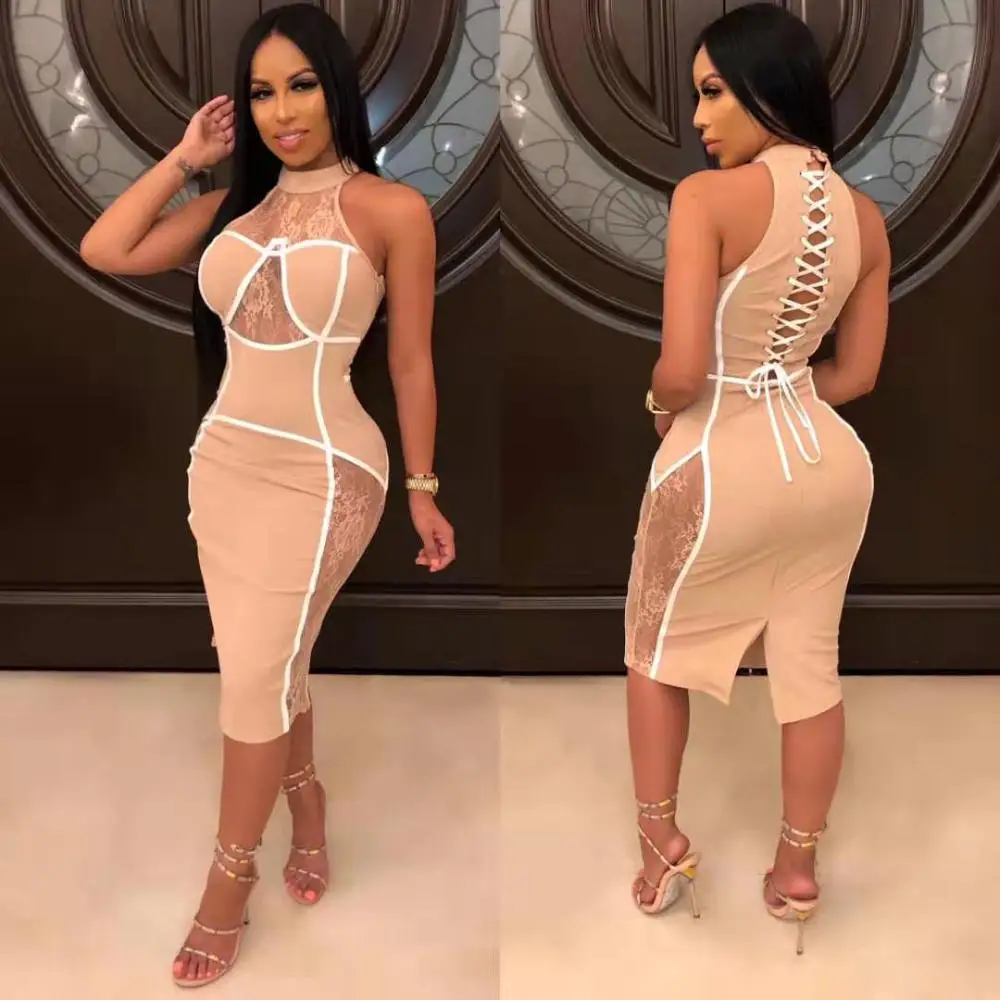 

2019 New Women pink lace tuetleneck sleevelessr off shoulder Vestidos dress Bodycon Celebrity evening Party Dress dropshipping