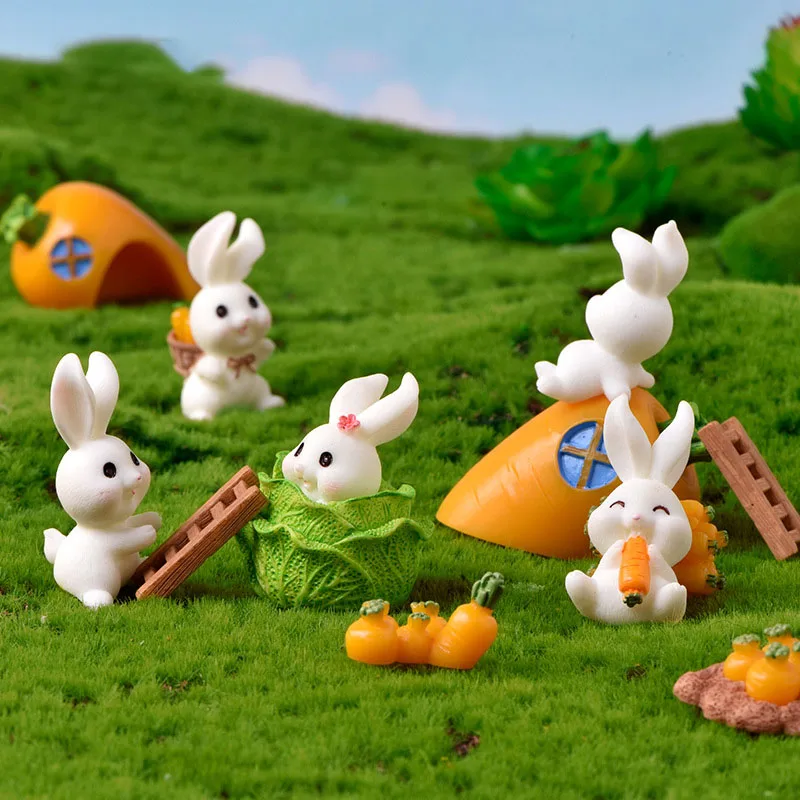

Rabbit Paradise Figurines Miniatures Resin Decoration Cute Cartoon Animal Carrot Rabbit House Garden Accessories Ornaments Gifts
