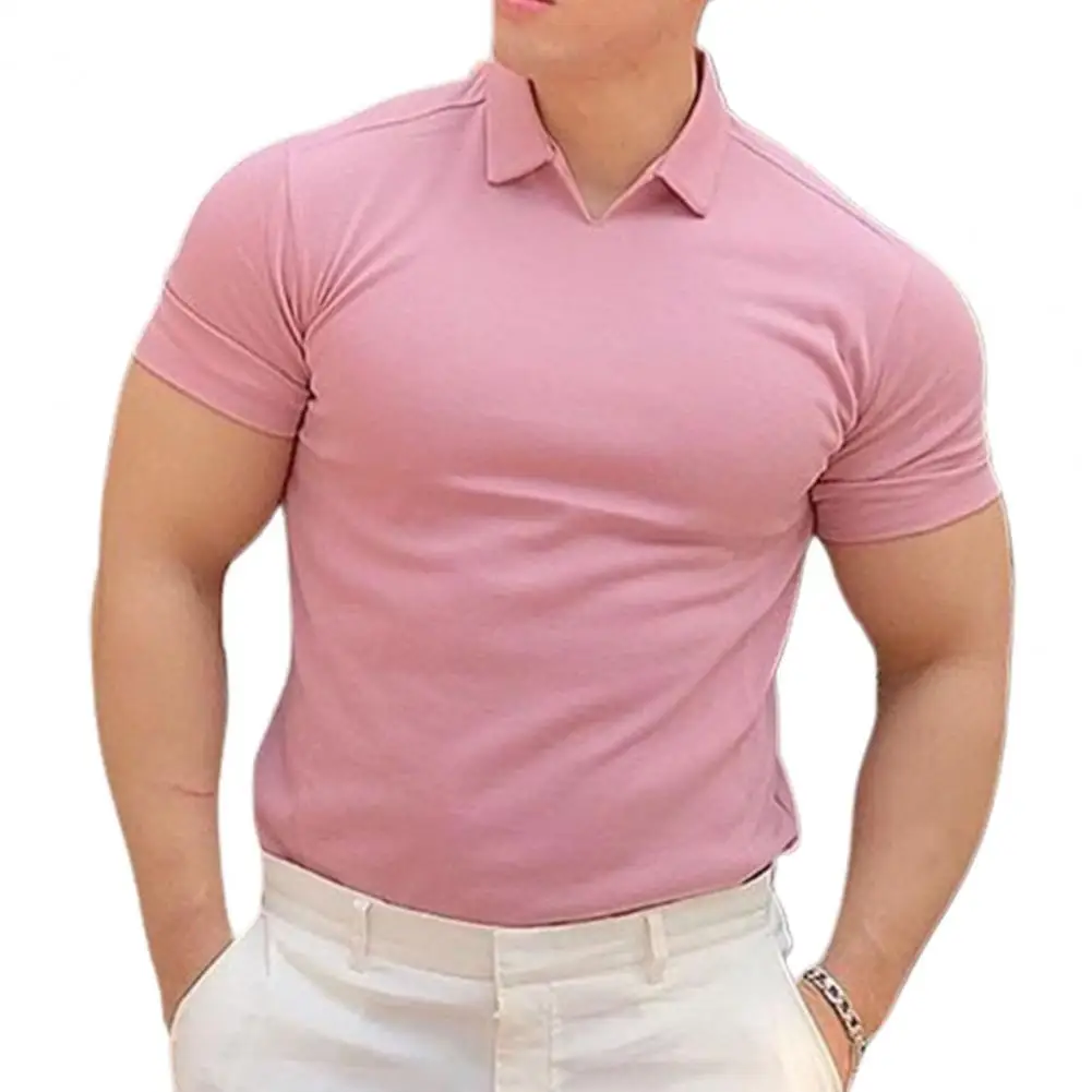 

Summer V-neck muscular sport shirts with solid-color lapels, round bottoms body-slimming fitness shirts and short sleeves