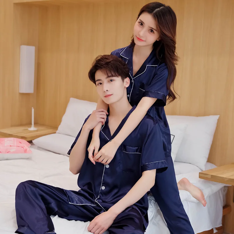 

Large Size 3XL Spring Autumn Pajamas Imitation Lovers Sleepwear Short Sleeve Wedding Nightwear Men's Women's Suits Housewear