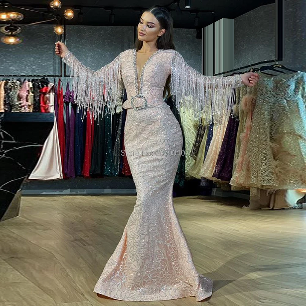 

Женское вечернее платье с юбкой-годе, розовое платье в африканском стиле с длинным рукавом, бахромой и металлическими элементами, для выпус...