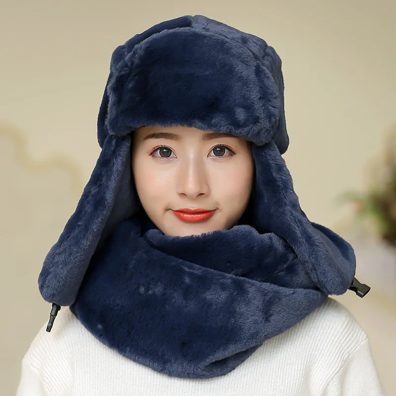 Dark Blue CAMOLAND двухкомпонентные русские женские толстые шапки-бомберы с шарфом из искусственного кроличьего меха с ушками снежная шапка s Уличная шапка охотника - Цвет: Dark Blue
