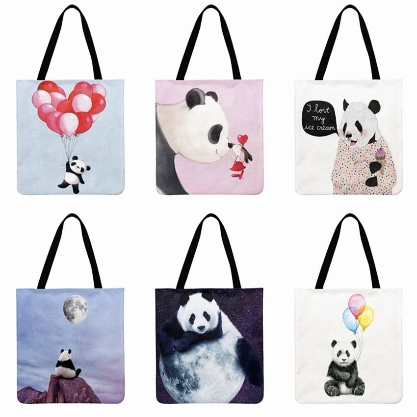 Сумка тоут с принтом милой панды женская льняная фланелевая Повседневная