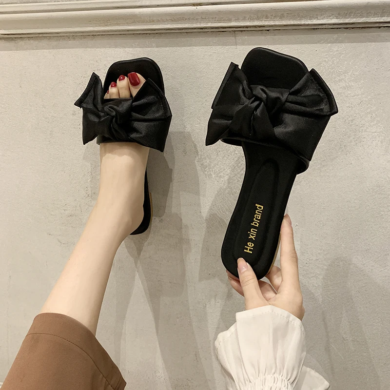 Корейские модные атласные тапочки с большим бантом женская обувь уличные