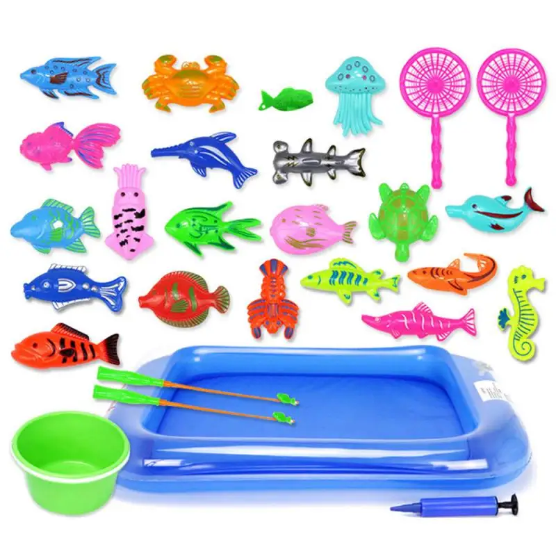 

28 Pcs Children Fishing Toy With Inflatable Pool Magnetic Fishing Rod Net Set For Kids Play Fishing Games Outdoor Toys