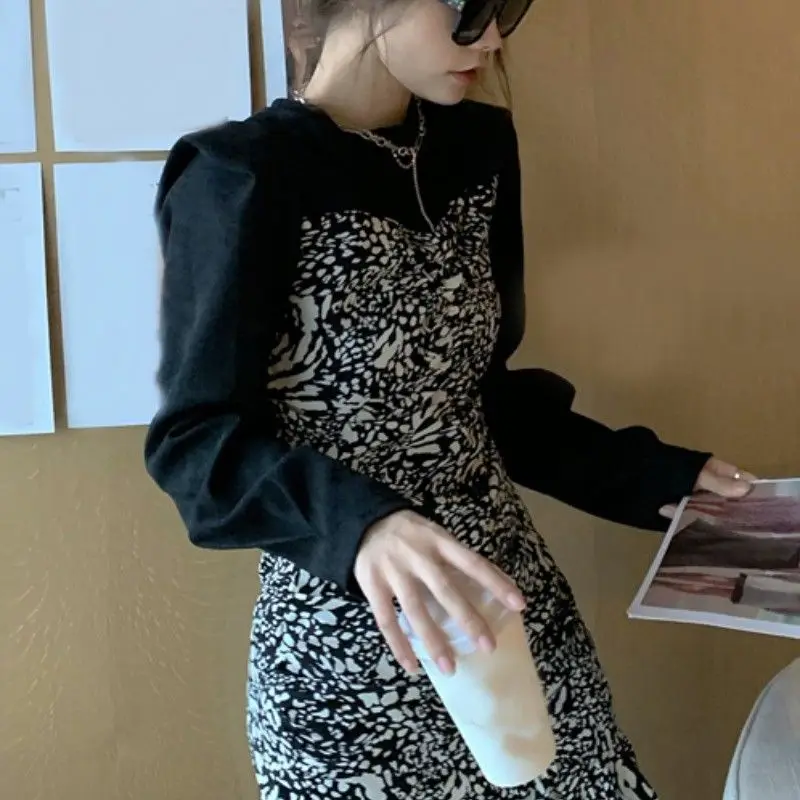 

Dress Female New Slim O-Neck Print Ruffle Long Sleeve Vintage Women Casual Fashion Korean Streetwear Mini Mermaid
