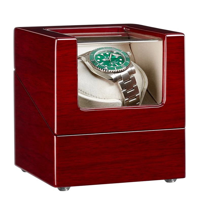 

Red Wood Single Watch Winder with Quiet Motor Walnut White PU Interior 5 Working Modes