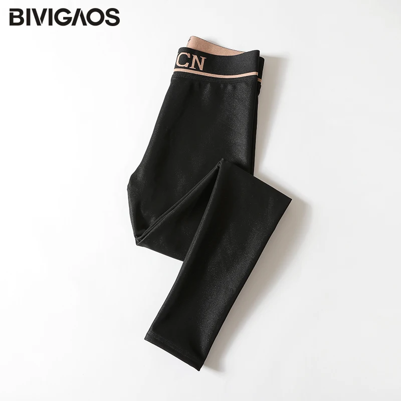 

BIVIGAOS 2020 Autumn Letter Waist Stitching Fleece Thick Gloss Leather Leggings Women Elastic Slim Sexy Leggings Pencil Pants