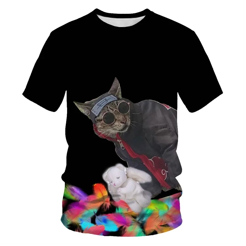 

Cat fashion summer 3D printing men's short-sleeved T-shirt hip-hop cute cat street clothes loose casual round neck