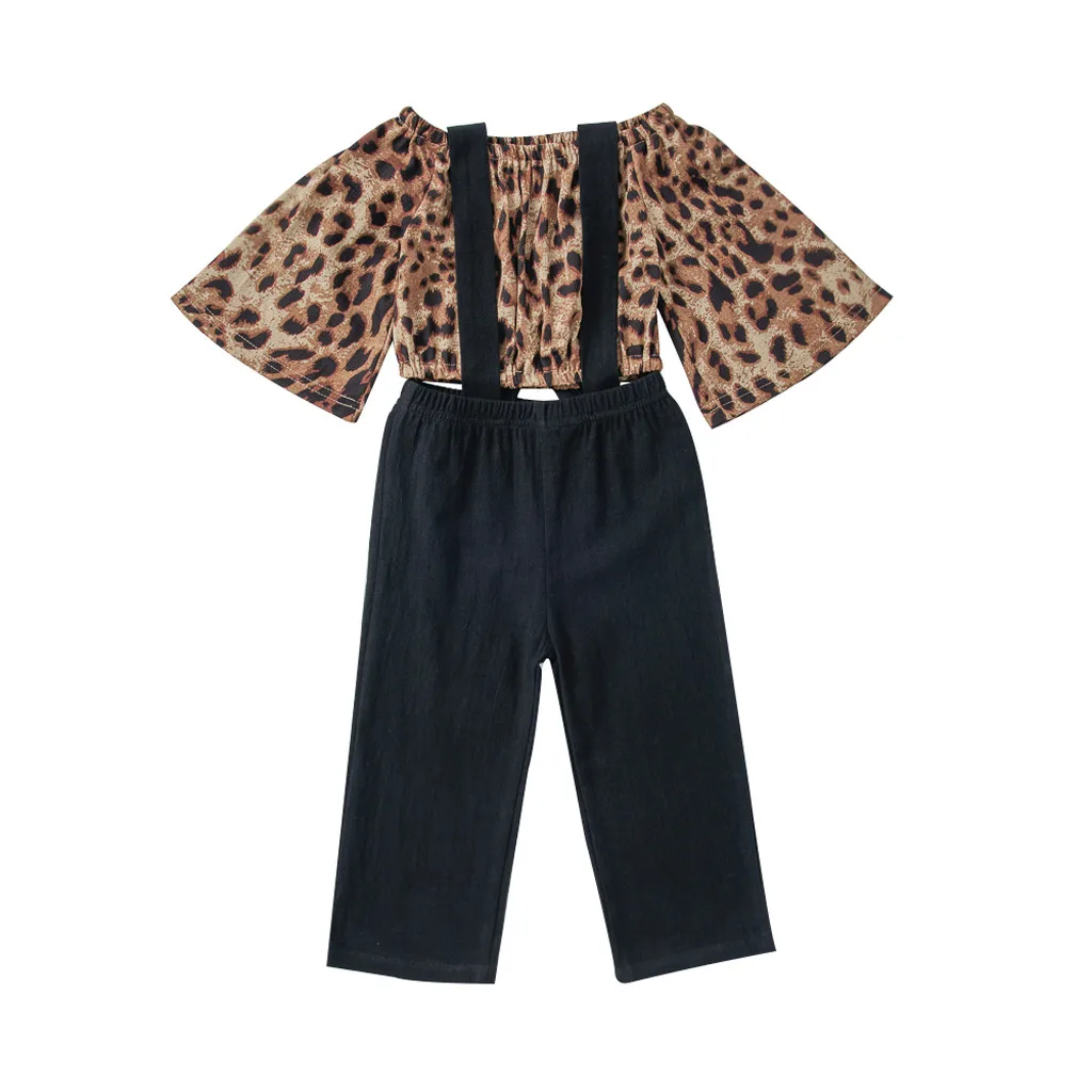 Одежда для маленьких девочек леопардовая футболка + штаны на подтяжках повязка