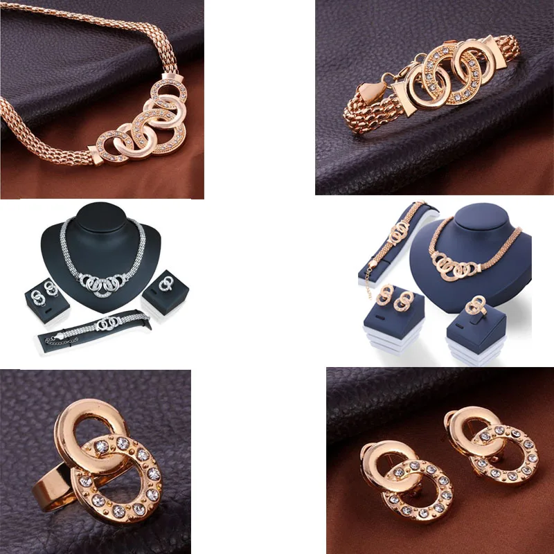 

4Pcs/set Luxury Jewelry Sets Link Chain Geometric Circle Metal Necklace Bracelet Earrings Ring Jewelry Set for Women Wedding