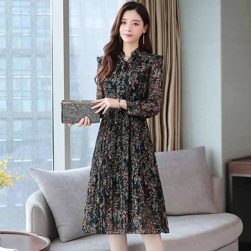 

Floral Dress Women Spring Autumn New Women's Lotus Leaf Collar Zipper Mid-length Chiffon High Waist A-line Vestidos Mujer Z944