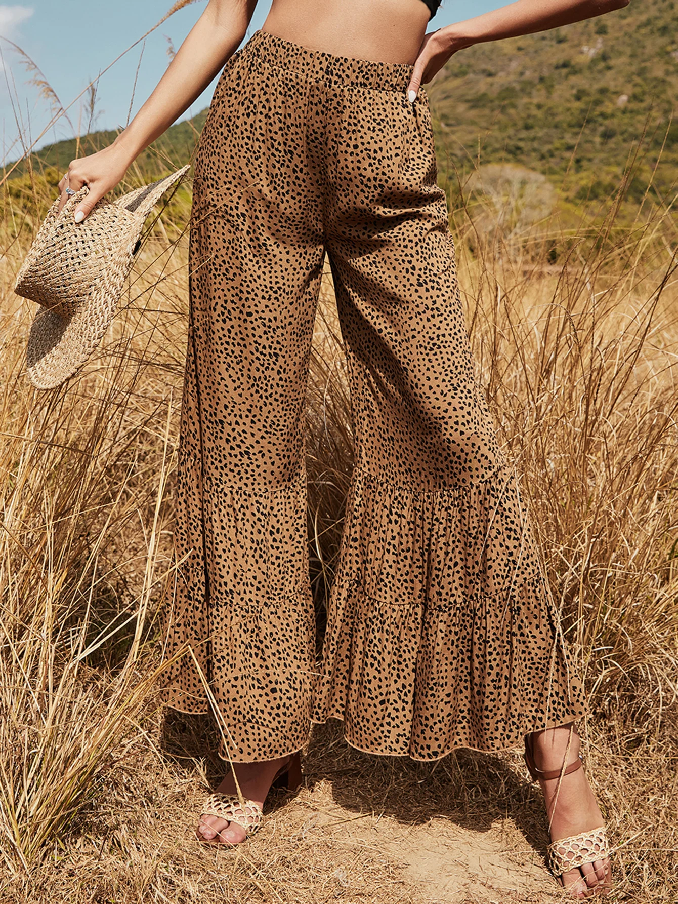 

Spring Autumn Women Casual Loose Bell-Bottoms Leopard Wide Leg Pants MID Ankle-Length Flared Trousers Bottoms Panty Female