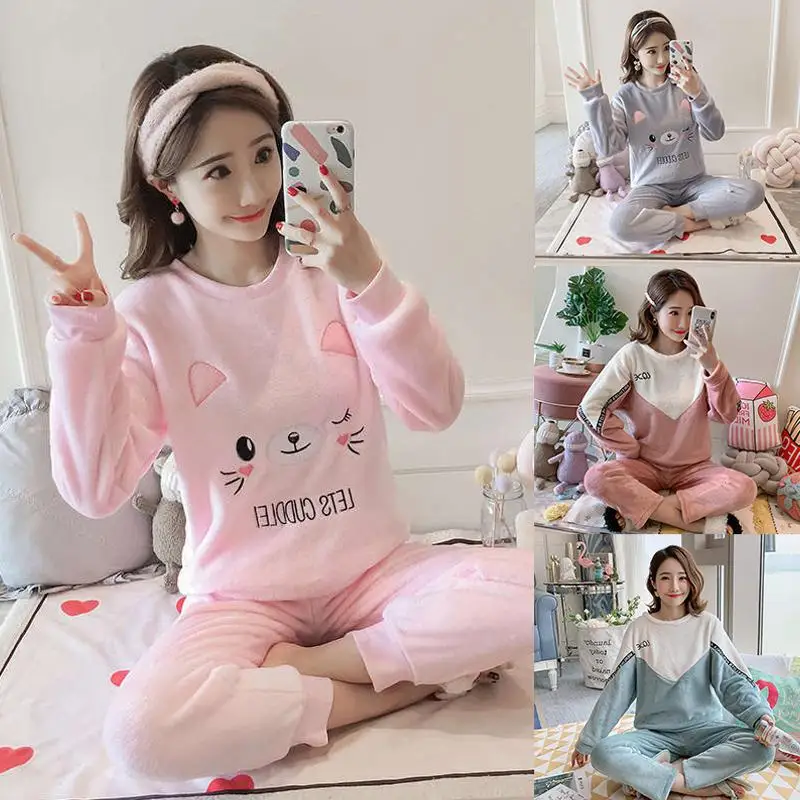 Женские милые коралловые бархатные с длинными рукавами утолщенные Фланелевые