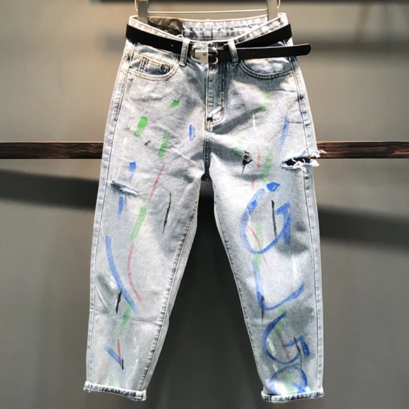 Женские джинсы с дырками и принтом Модные свободные шаровары высокой талией на