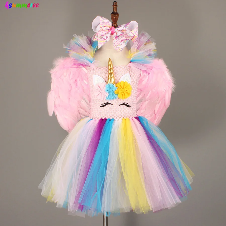 Girls Unicorn Tutu Dress with Bows and Wings Kids Party Flower Pageant Princess Children Fancy Ball Gowns | Детская одежда и обувь
