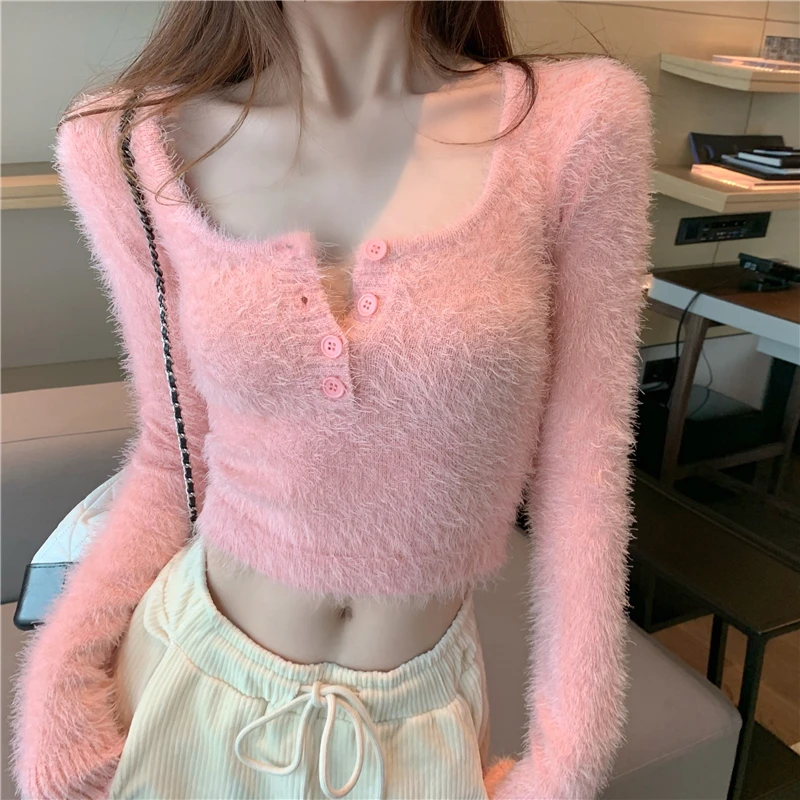 

Mohair knitted Shirt Y2K pink sweet crop Top gentle bodycon hot girls pullover low round collar sexy sheath sweater