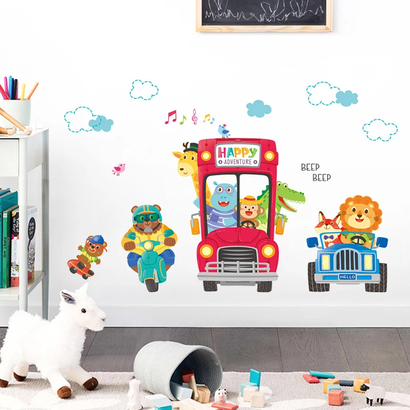 Creative Cute Bus Animal Child Wall Stickers For Kids Rooms Boy Girl Bedroom Decor Self Adhesive Decoration Home | Дом и сад