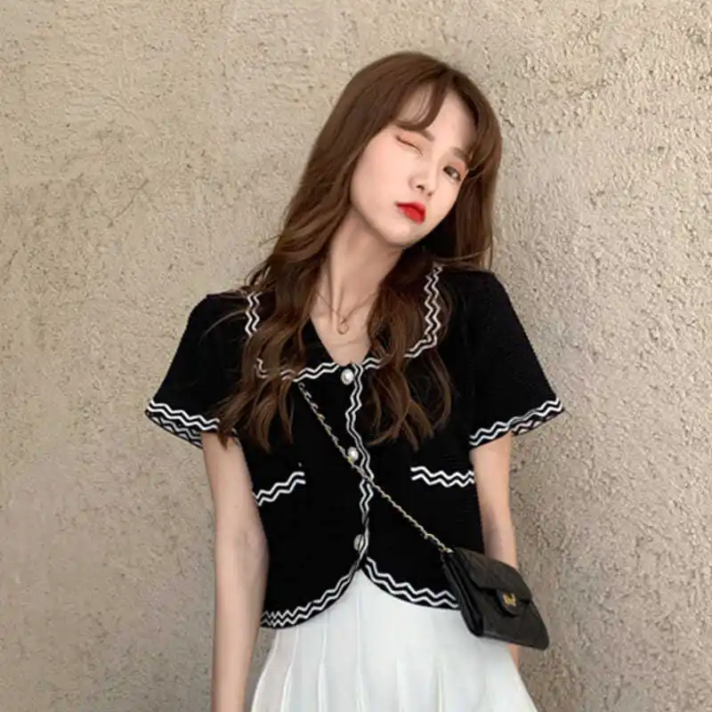 

2021 new fashion trend short top women's summer loose thin cardigan baby collar Short Sleeve Jacket