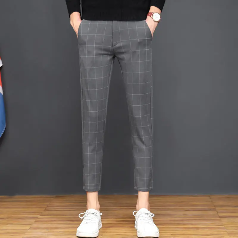

Мужские брюки-карандаш 2021, полосатые клетчатые брюки, мужские корейские модные брюки-Капри, облегающие брюки, слаксы, тонкая мужская одежда,...