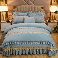 solid embroidered lace velvet bedding set king queen 4pcs duvet cover set quilted bedspread ruffle soft with two pillowcases