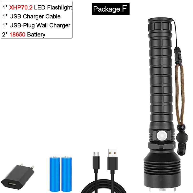 Package F Мощный фонарик XHP70.2 Xlamp светодиодный фонарь XHP50 светодиодный фонарь Водонепроницаемый фонарь с увеличением с батареей 18650 - Испускаемый цвет: Package F