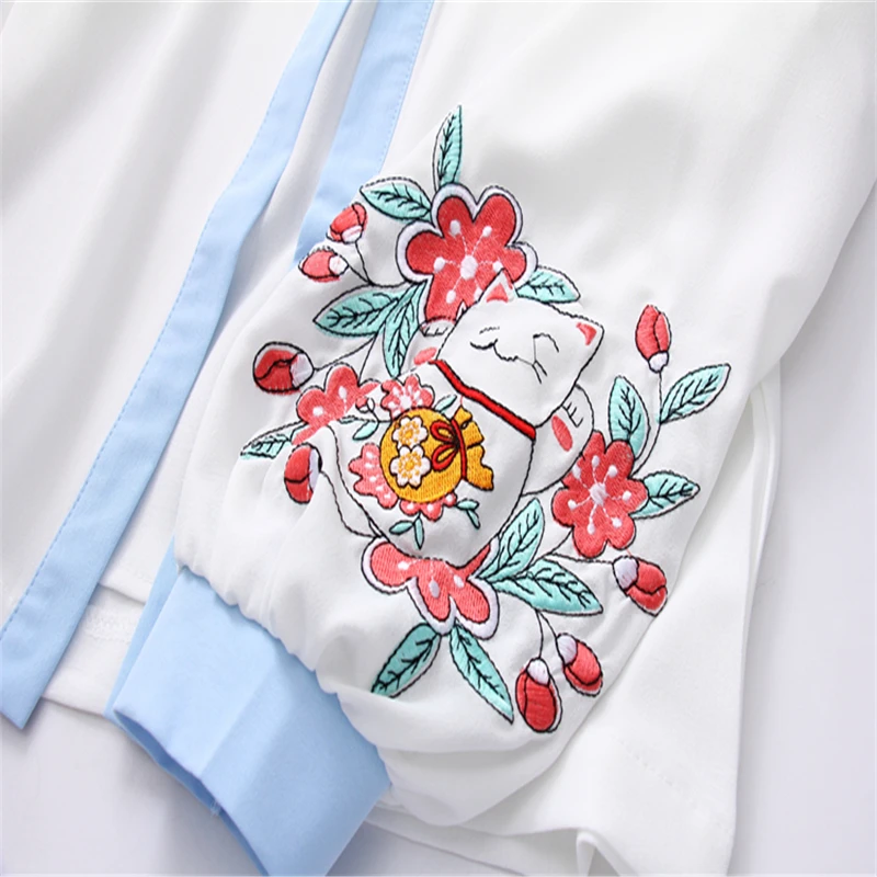 

Merry Pretty Chiffon Women's Two Piece Sets Cartoon Embroidery Blouses And MIni Skirt 2021 Long Sleeve Mandarin Collar Blouse