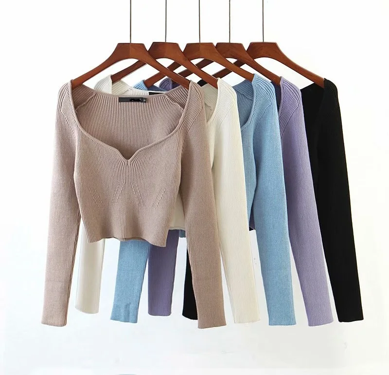 

Sexy Heart Shape Collar Long Sleeve Slim Knitted Top Women Casual Sweater T-shirt