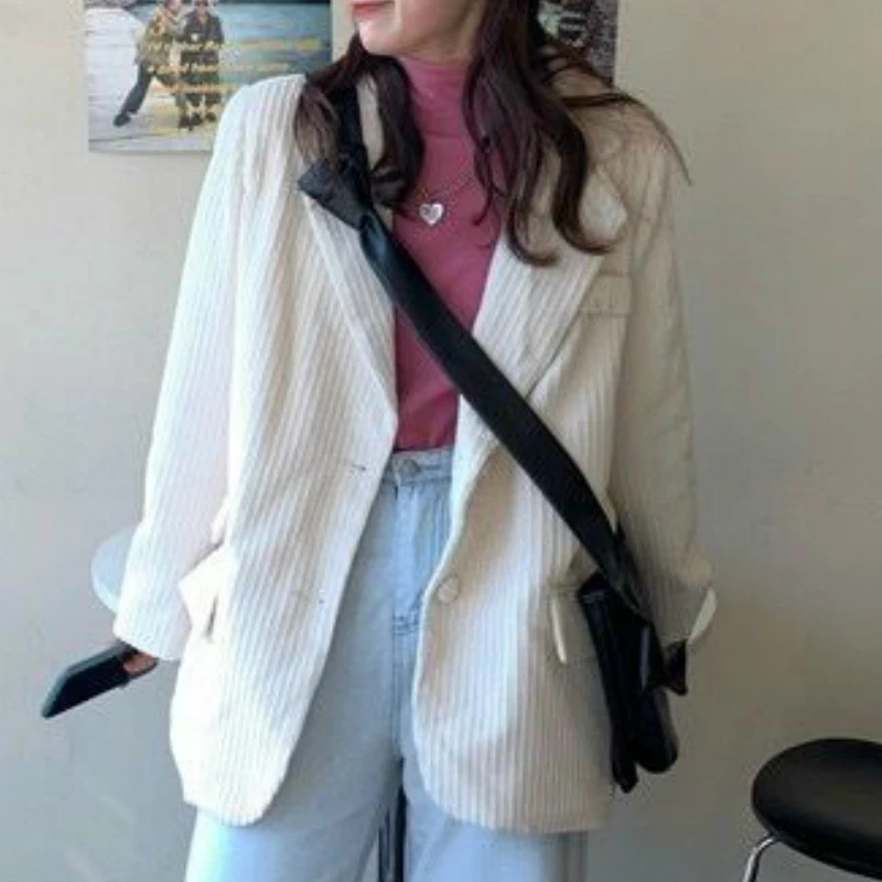 

Women New Retro Corduroy Loose Fashion Solid White Elegant Blazers Lady Tops Plus Size Ulzzang Vintage Chic Casual Coat Spring