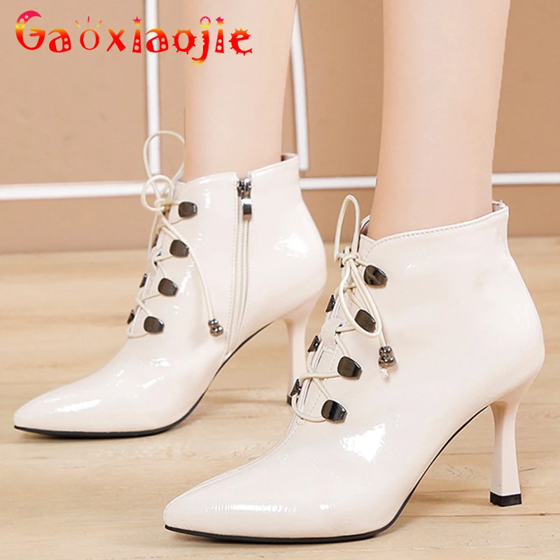 

Осенне-зимние Ботинки Martin из лакированной кожи, женские туфли-лодочки с острым носком, Простые Модные бархатные ботинки на высоком каблуке ...