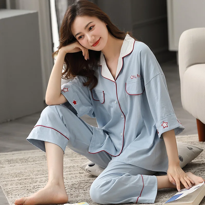 Winter 100% Cotton Pajama for Women Three Quarter Sleeves Blue Pijamas Girls Cotton Sleepwear Korean Cute Pyjama Femme Homewear