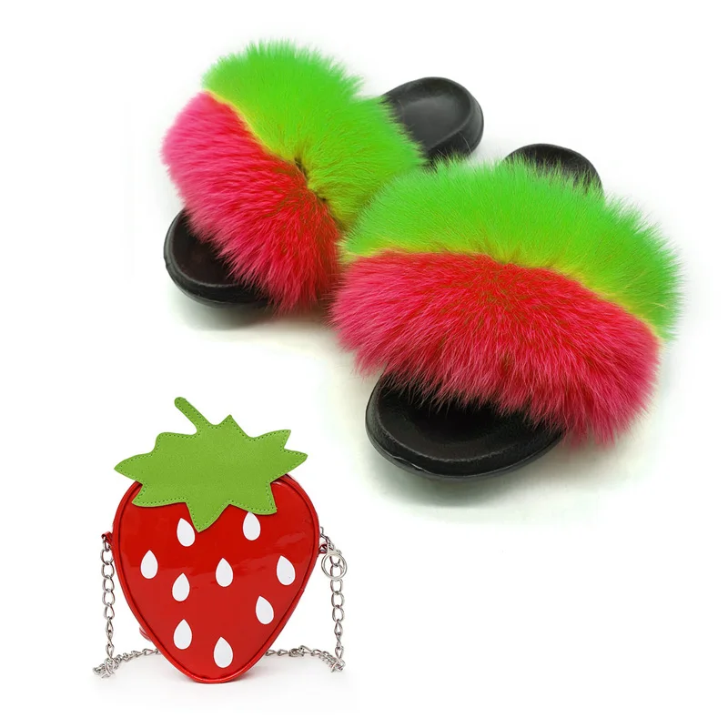 

Lovely Girls Fox Fur Slippers Cute Fruits Strawberry Shoulder Bags Sets Women's Real Fox Hair Furry Slides Ladies Party Purse