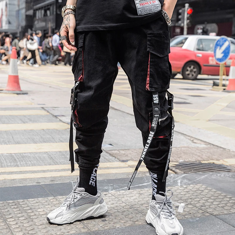 

2020 New Hip-Hop Jogger Men's Black Harem Overalls Multi-Pocket Ribbon Men's Sports Pants Streetwear Casual Men's Casual Pants