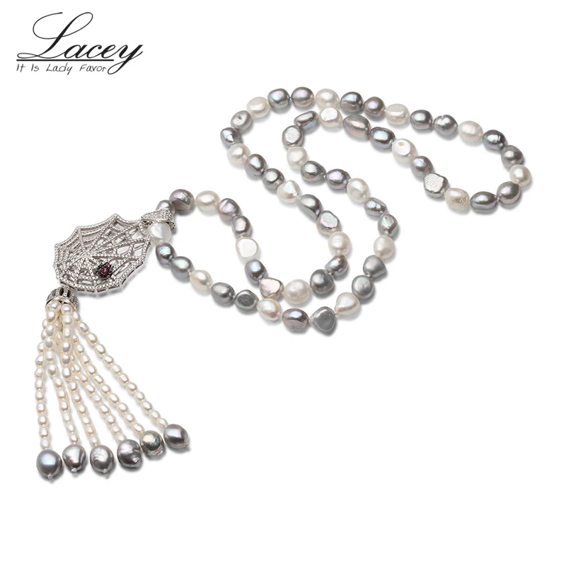 

Cool Freshwater Pearl Necklace For Women,White Grey Real Baroque Pearl Necklace Wedding Fashion Sweater Necklace Gift