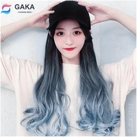 gaka gradient blue long wavy synthetic hat wigs natural black cap ombre hair korean american full hair wig