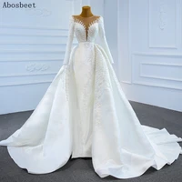 new fashion satin ball mermaid wedding dress long sleeve fancy pearls beading whiteivory wedding gown bridal long train 2021