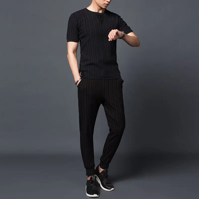 

Jacket + pants men's ice silk short sleeve T-shirt Capris suit casual thin breathable two piece suit men's 2021